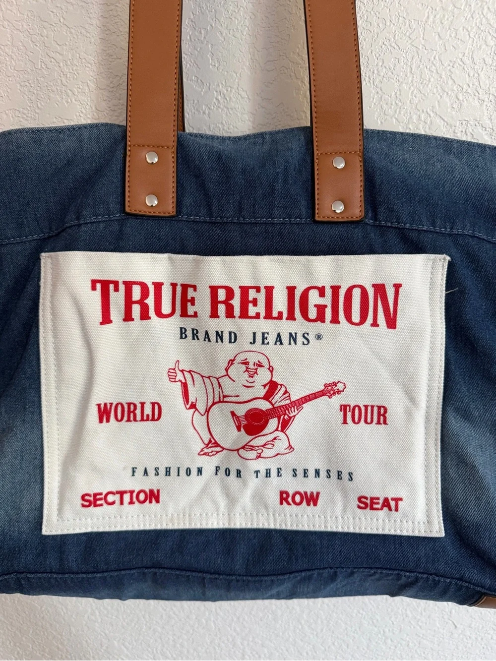 True Religion Denim Tote Bag in Blue with Tan Handles